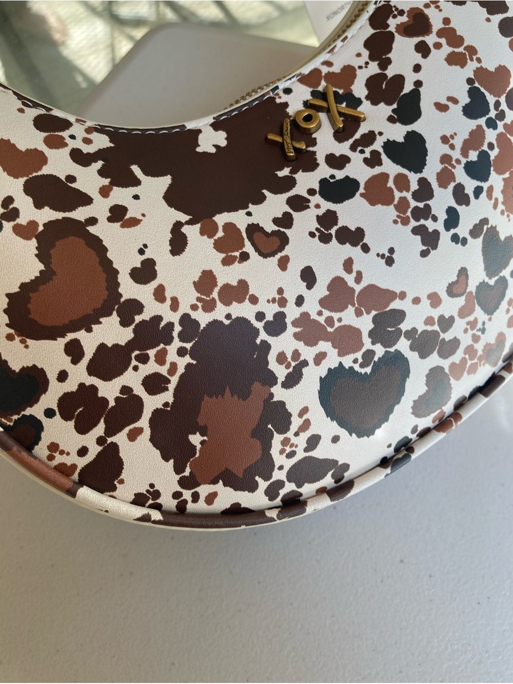 Betsey Johnson Crescent Shoulder Purse Brown White Cow Print Hearts Western - Picture 6 of 17